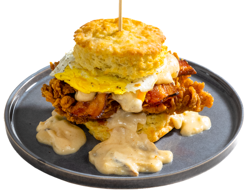 The Five & Dime biscuit sandwich: fried chicken, bacon, cheddar and egg on a buttermilk biscuit