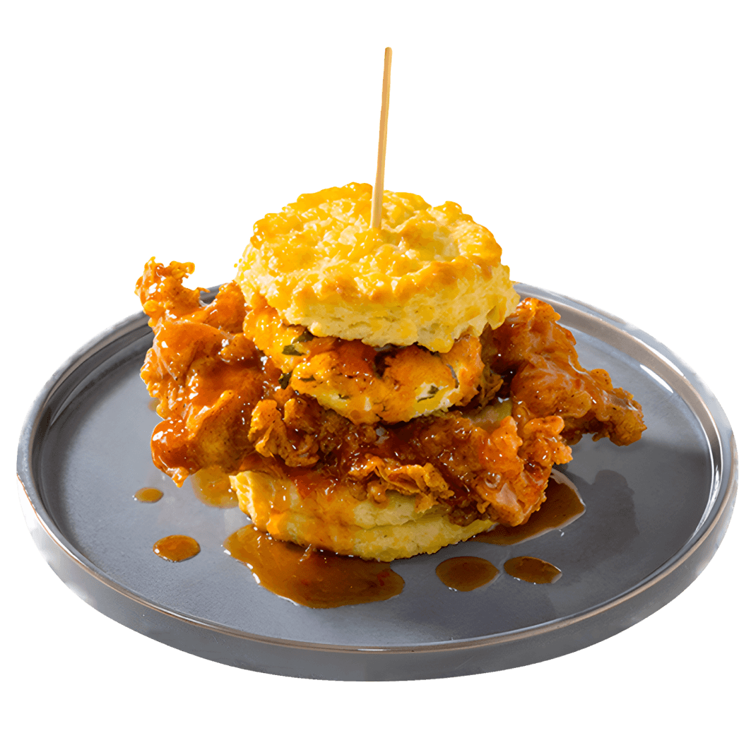 The Squawking Goat biscuit with fried chicken, crispy goat cheese and pepper jelly