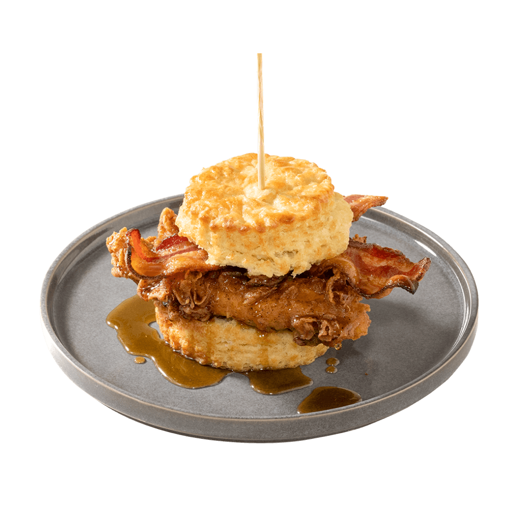 The Sticky Maple: a fried-chicken biscuit with bacon, drizzled in maple syrup